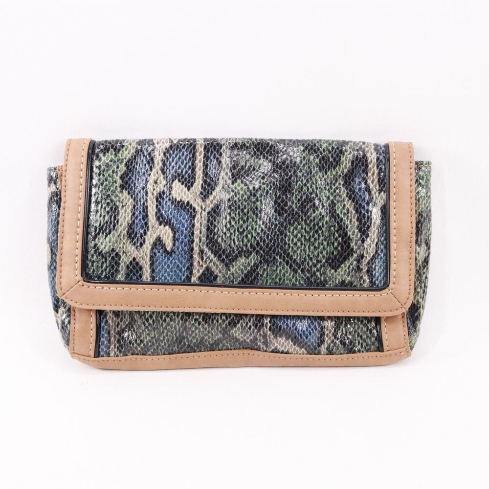 LOFT Ann Taylor Handbag Women Green Blue Faux Snakeskin Clutch Purse Bag